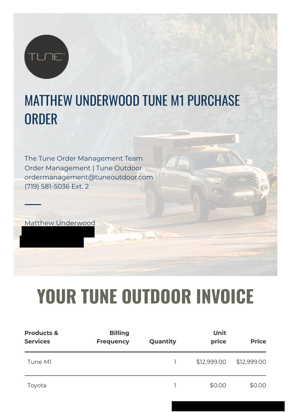Redacted Tune M1 purchase order for a 2023 Toyota Tacoma. Line item: Tune M1, $12,999.00. Personal details blacked out.